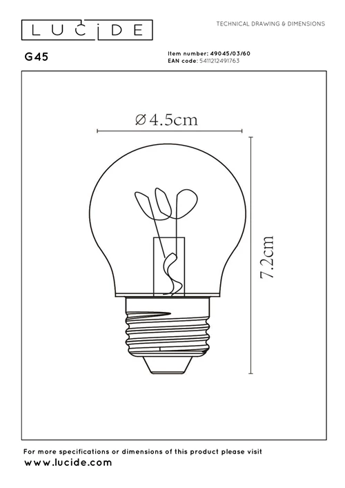 Lucide G45 - Filament bulb - Ø 4,5 cm - LED Dim. - E27 - 1x3W 2700K - Transparant - technical